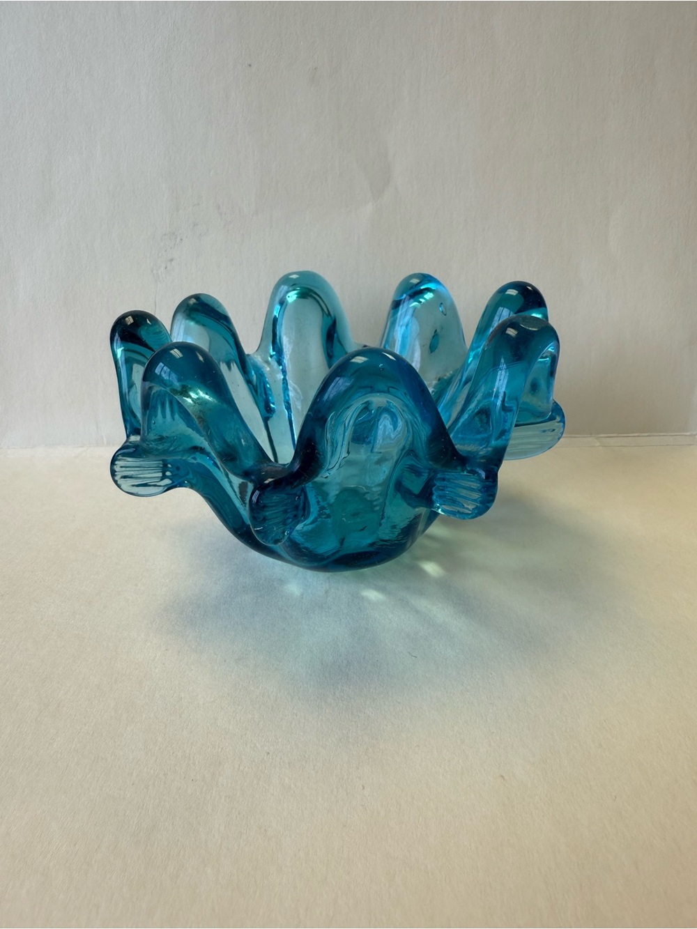 Vintage MCM Blue Murano Swung Glass 8 Finger Pinched Nut Bowl Candy Dish.